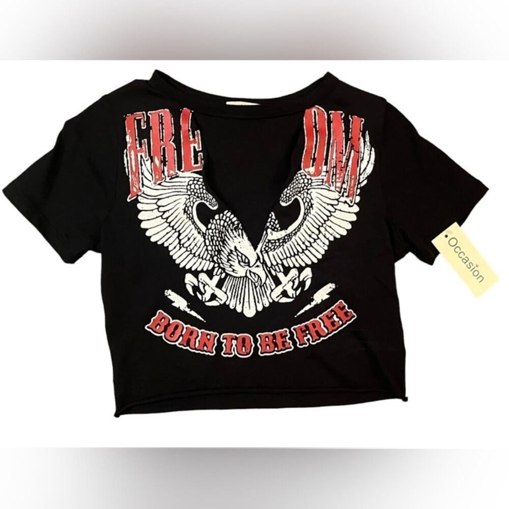 Occasion Biker Crop Top Womens Size Large Black Low V Neck Cutout Eagle New